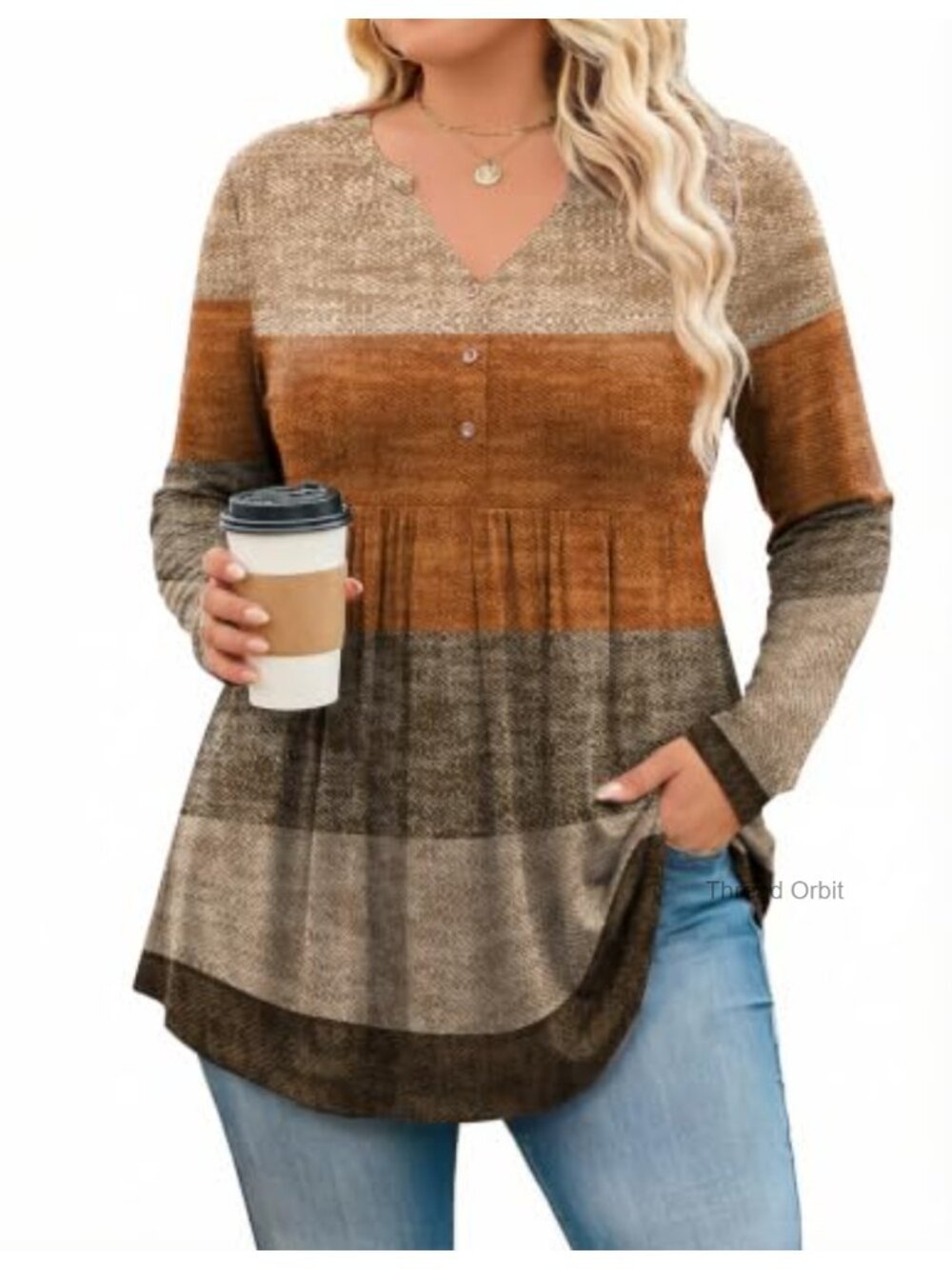 Plus Size Long Sleeve Henley Tunic Blouse Flowy Pleated Top